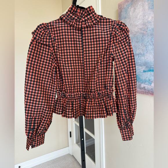 Ganni Ruffled Seersucker Button Neck Open Back Blouse Top Flame Check Women’s 32 - Picture 6 of 9